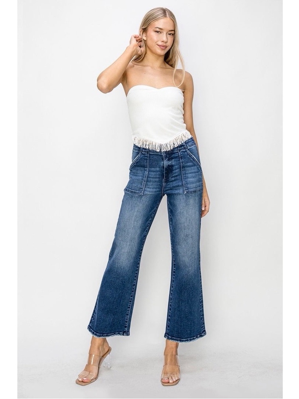 Risen Patch Pocket Ankle Flare Jeans High Rise Dark Wash RDP5662